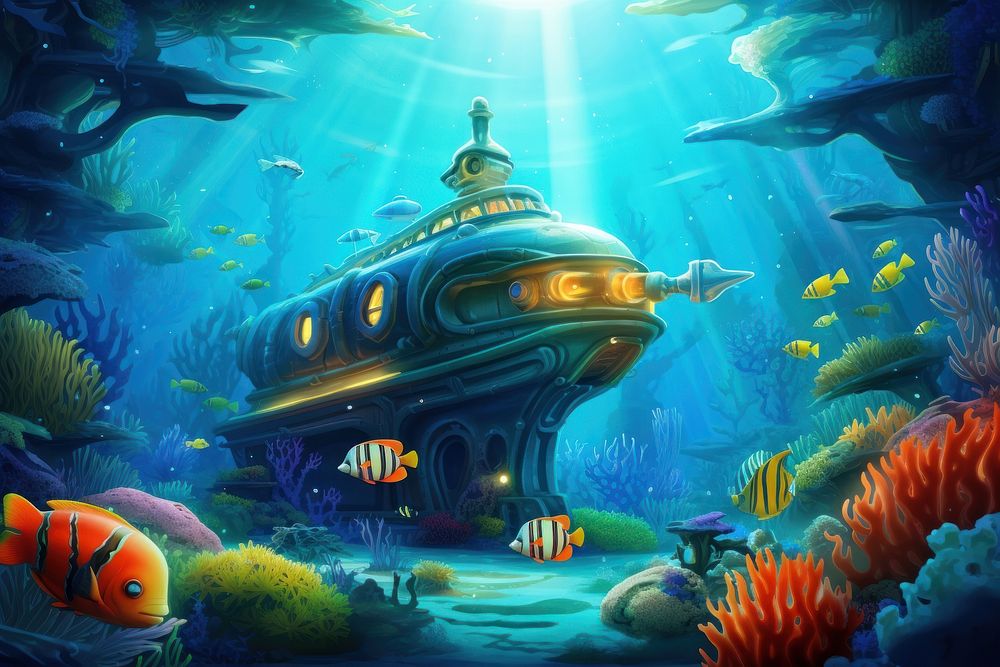 Submarine driving underwater fish aquarium.