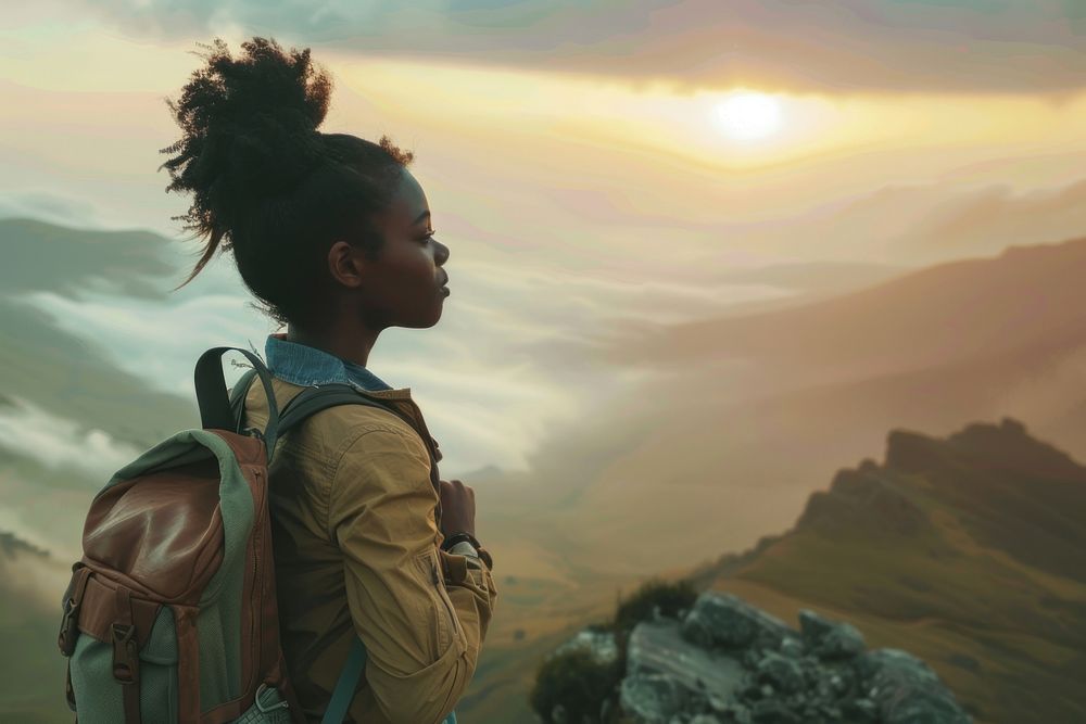 African young girl with backpack photography backpacking outdoors.