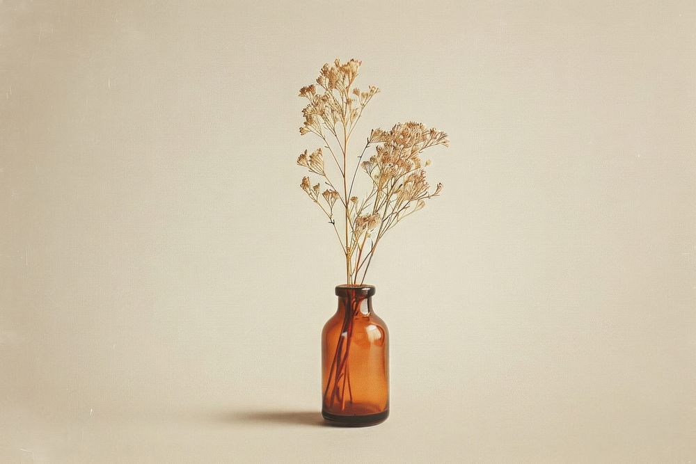 Dried grass flower in a brown bottle pottery plant vase.