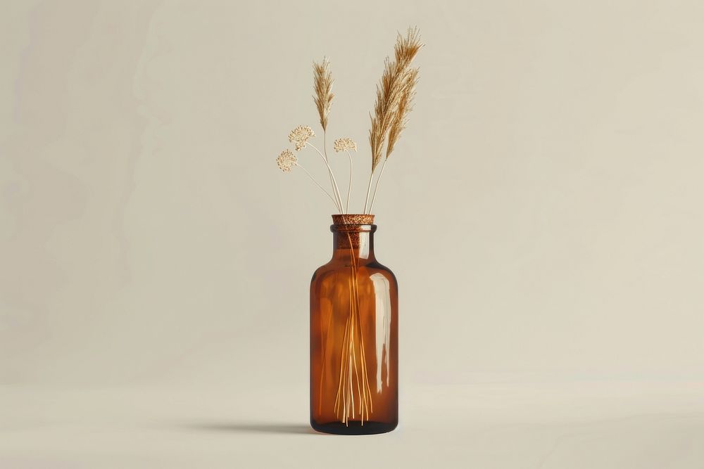 Dried grass flower in a brown bottle pottery plant vase.