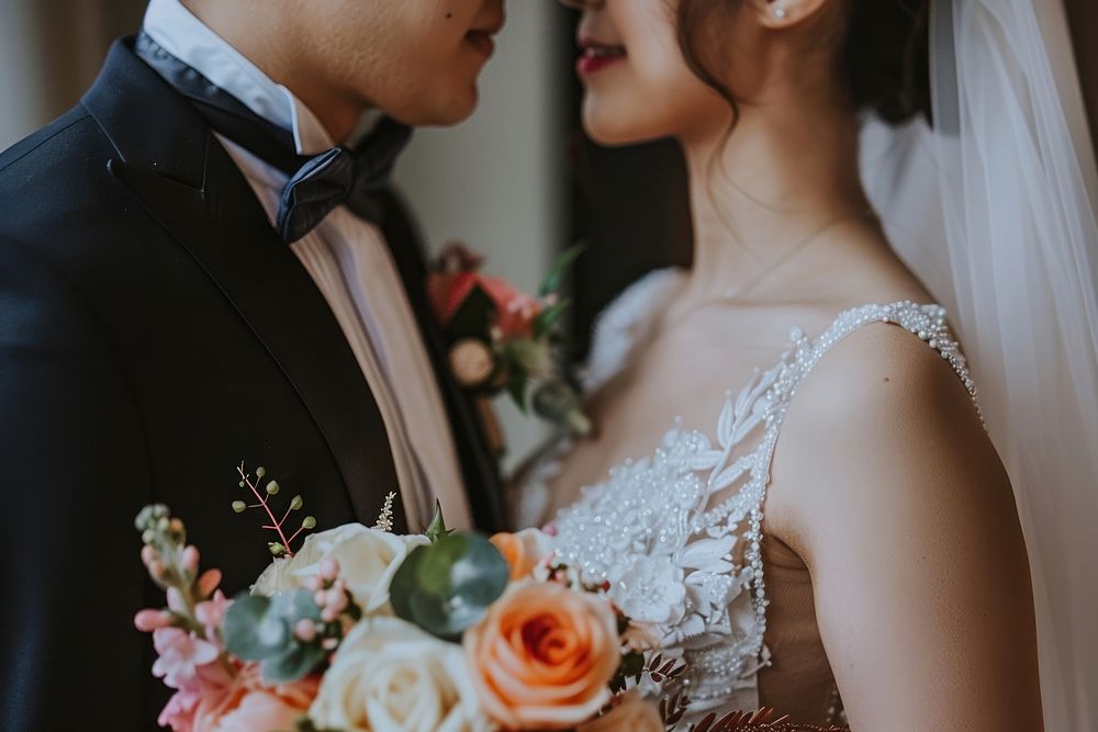 South East Asian couple exchanging their vows wedding dress bridegroom.