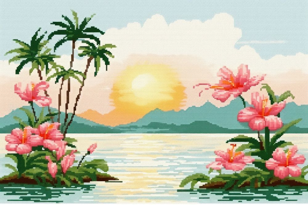 Cross stitch tropical flower vegetation painting outdoors.