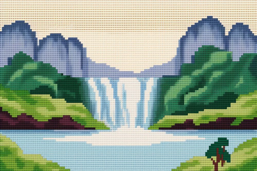 Cross stitch waterfall landscape graphics vegetation.