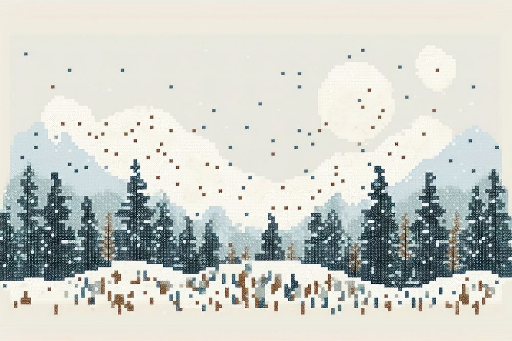Cross stitch winter landscape painting outdoors.