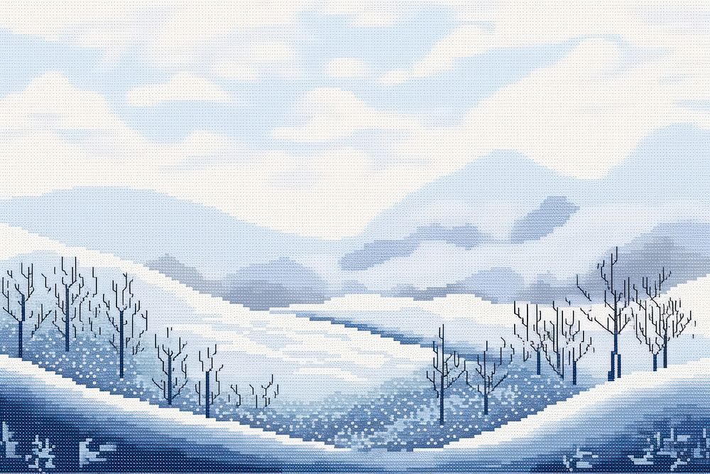 Cross stitch winter landscape outdoors painting.