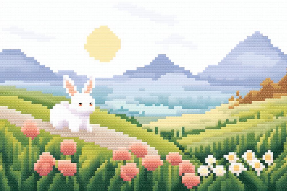 Cross stitch bunny with garden painting outdoors pattern.