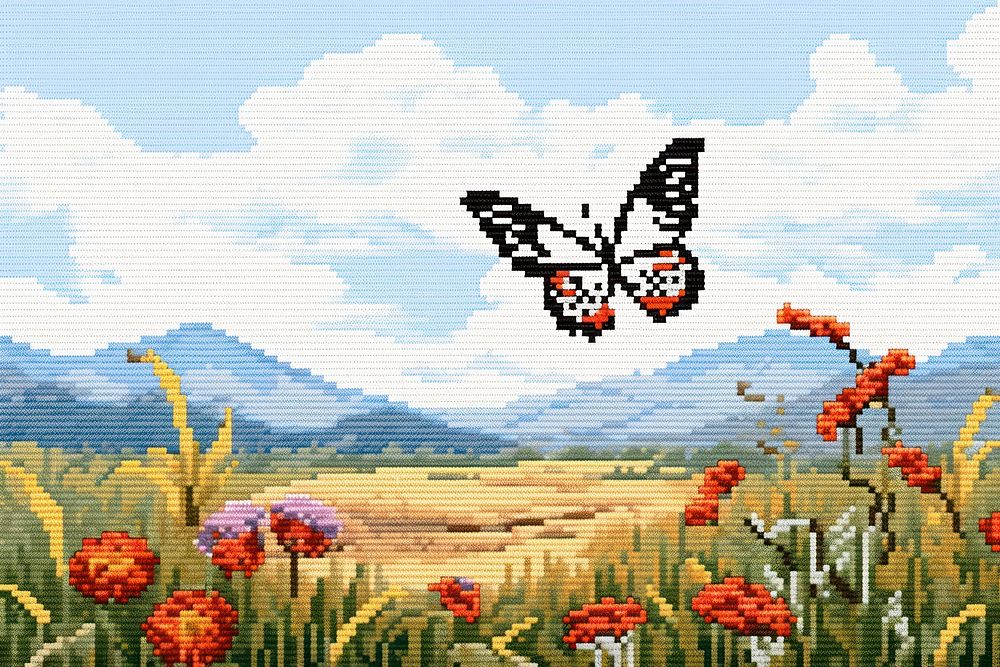 Cross stitch butterfly with garden graphics painting outdoors.