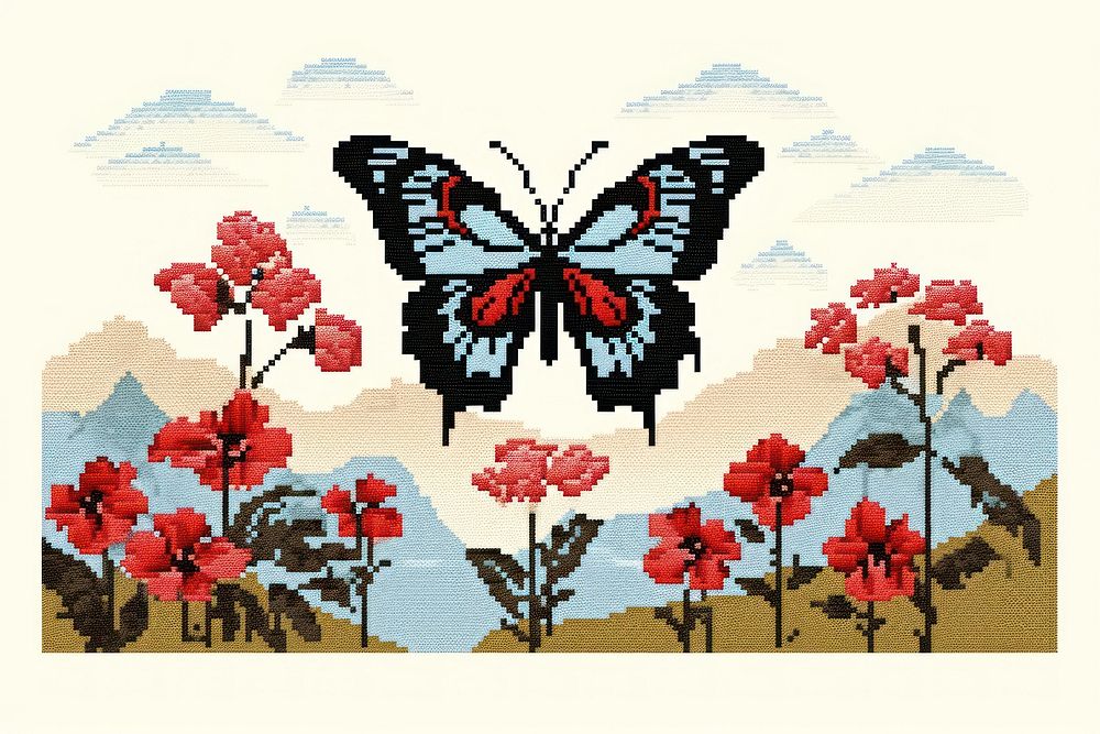 Cross stitch butterfly with garden embroidery graphics painting.