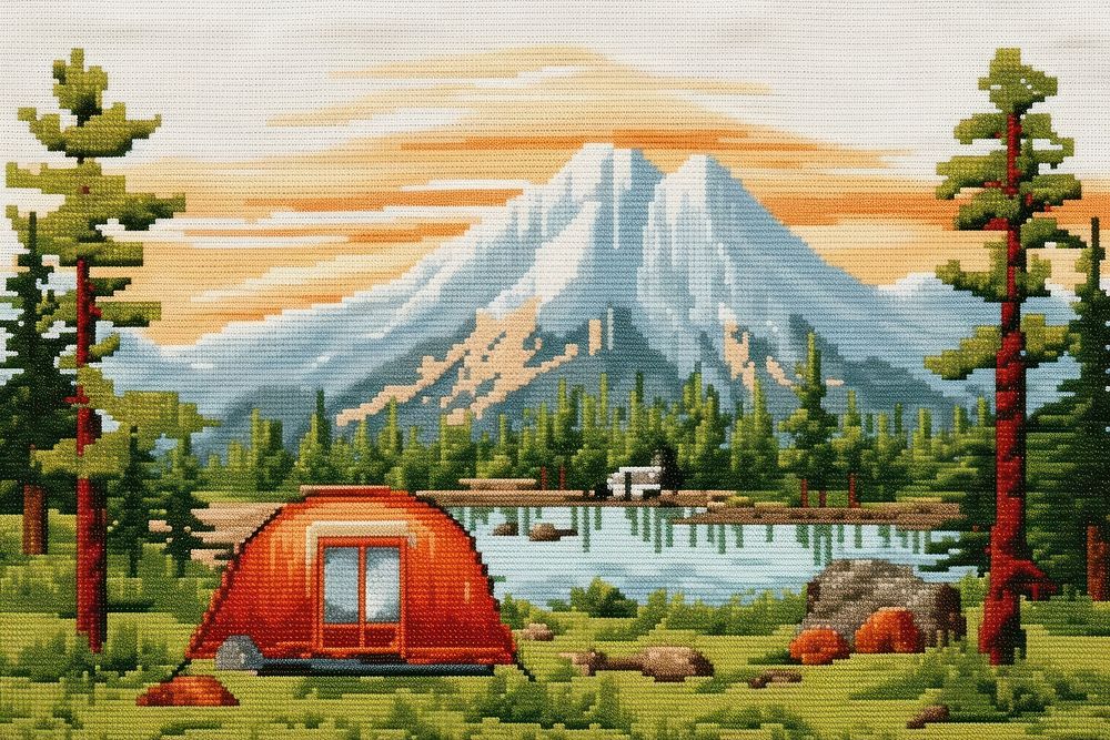 Cross stitch camping landscape architecture outdoors.