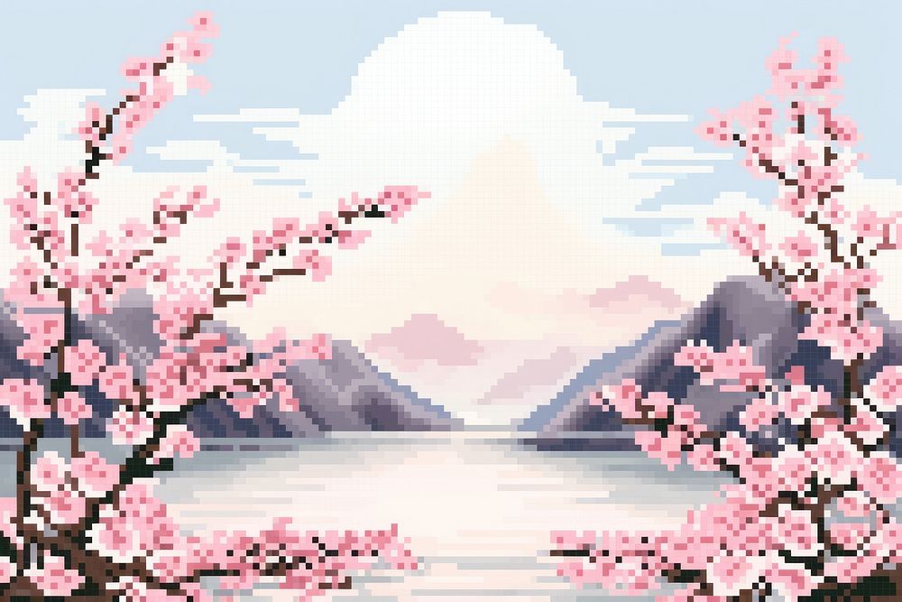Cross stitch cherry blossom outdoors scenery flower.