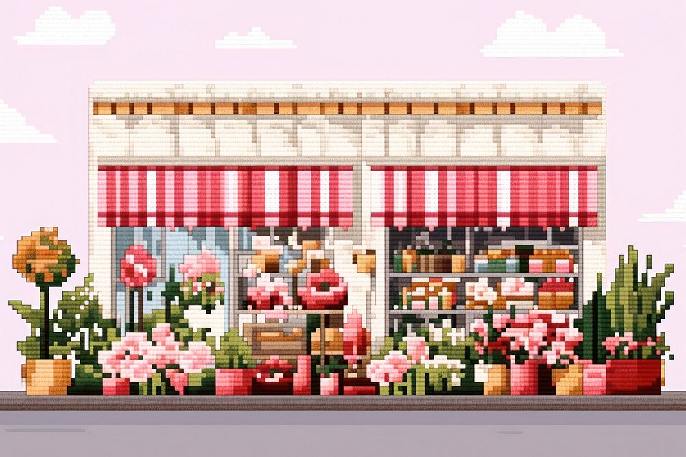 Cross stitch flower shop supermarket blackboard indoors.