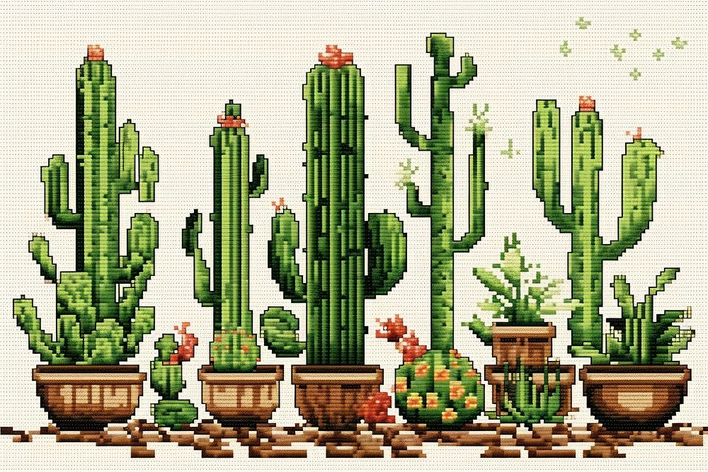 Cross stitch garden cactus plant.
