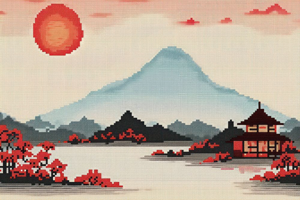 Cross stitch japan painting outdoors scenery.