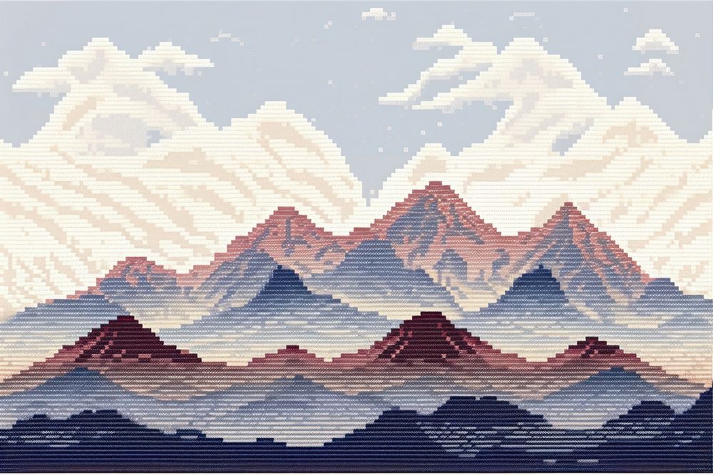 Cross stitch mountain landscape outdoors painting.