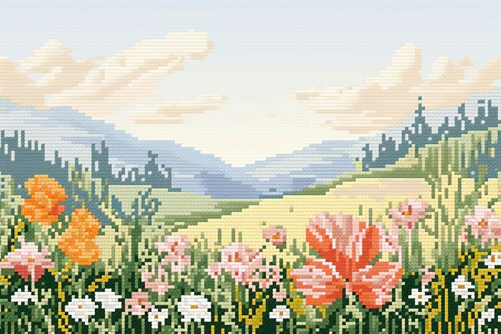 Cross stitch spring flowers embroidery landscape graphics.