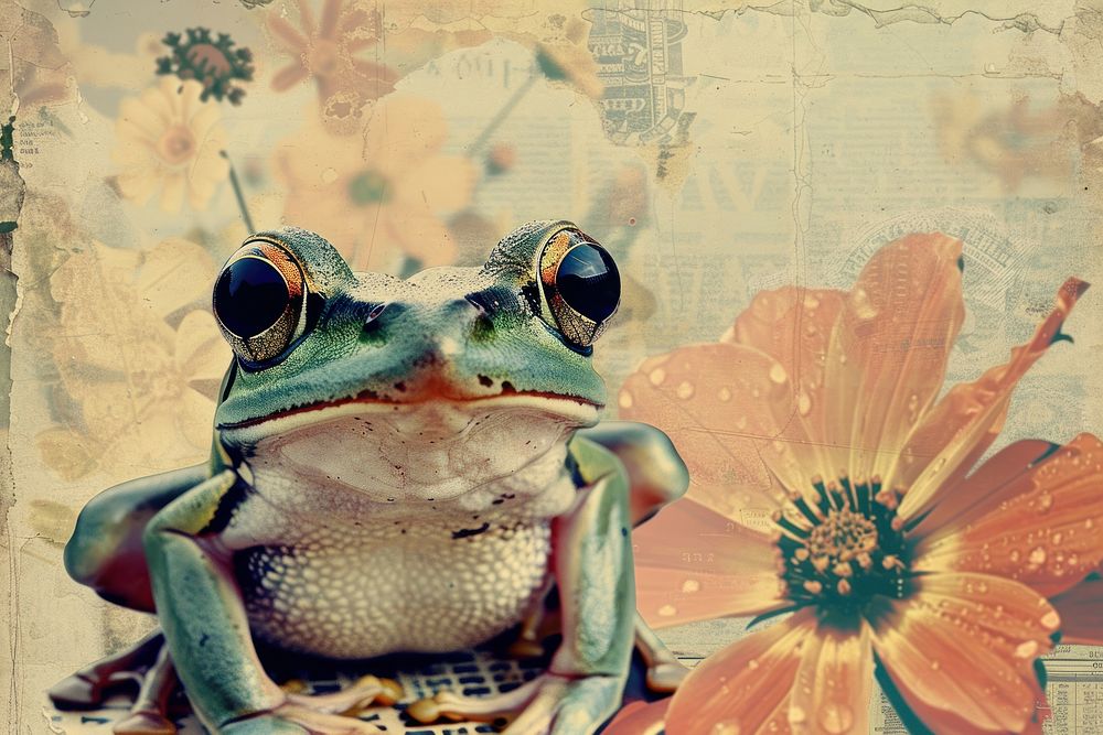 Retro collage of frog asteraceae amphibian wildlife.
