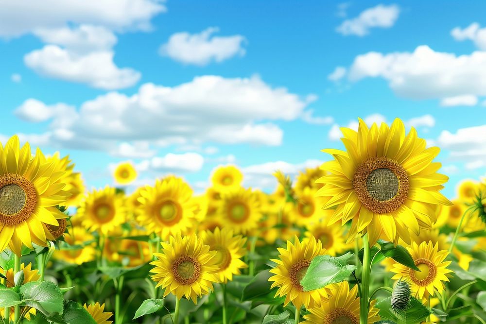Field of blooming sunflowers sky landscape outdoors.