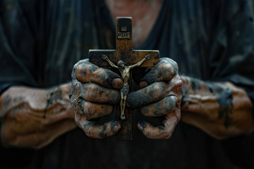 Person holding cross corrosion symbol tattoo.