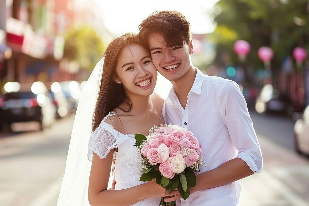 Singaporean of a happy young couple wedding bridegroom clothing.