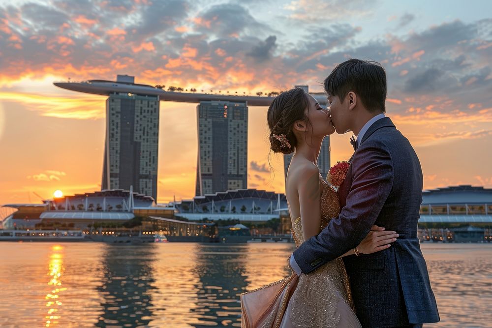 Singaporean couple kiss wedding transportation architecture.