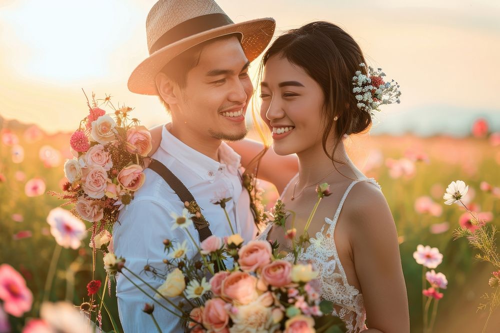South East Asian couple flower bridegroom outdoors.