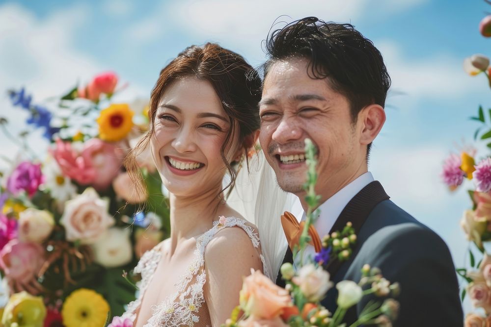 South East Asian couple flower bridegroom laughing.