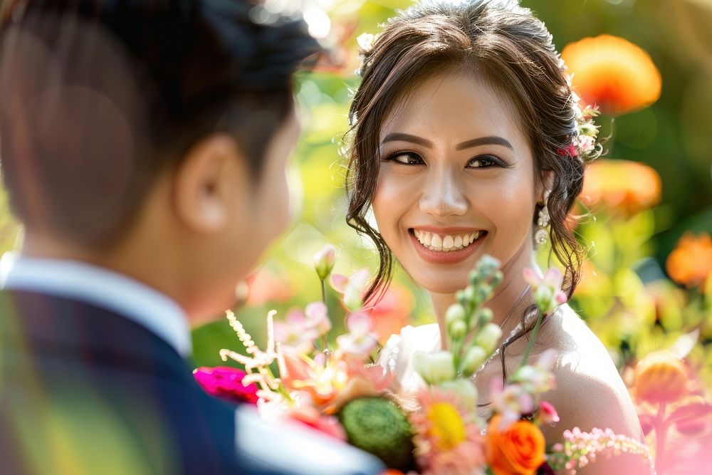 South East Asian couple flower bridegroom wedding.