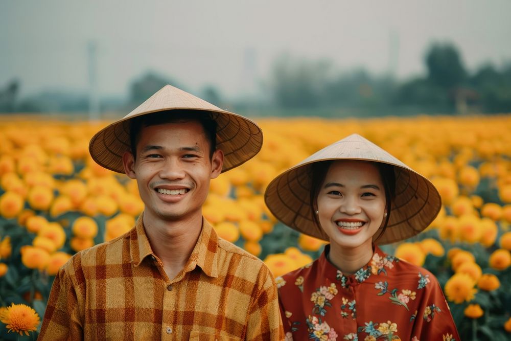 Vietnamese couple flower photo field.
