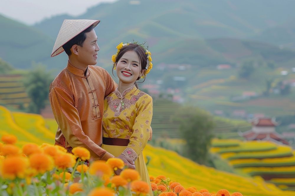 Vietnamese couple wedding bridegroom romantic.