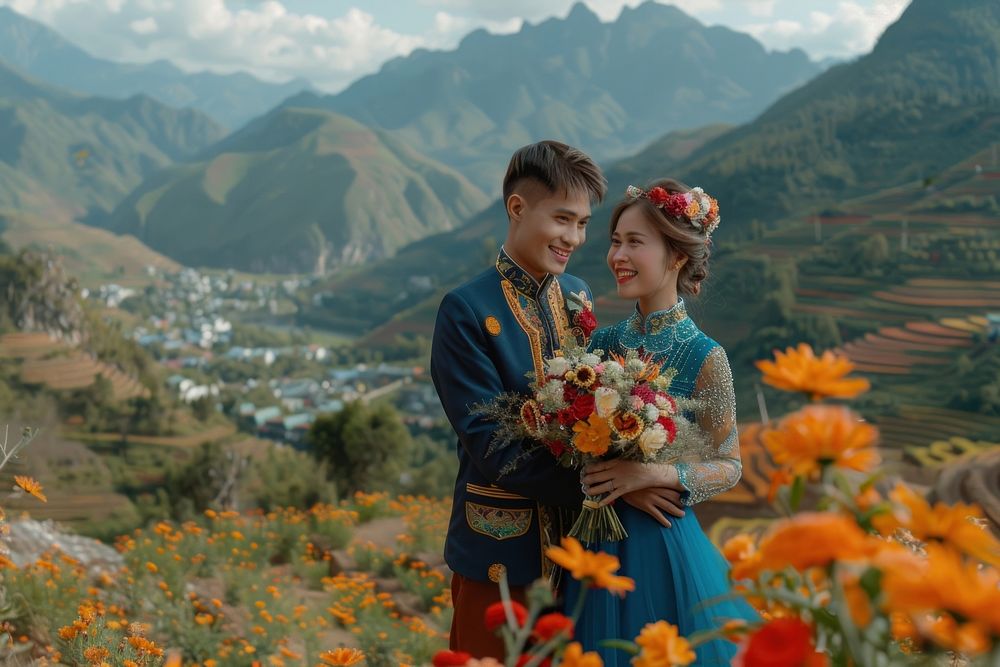 Vietnamese couple wedding flower photo.