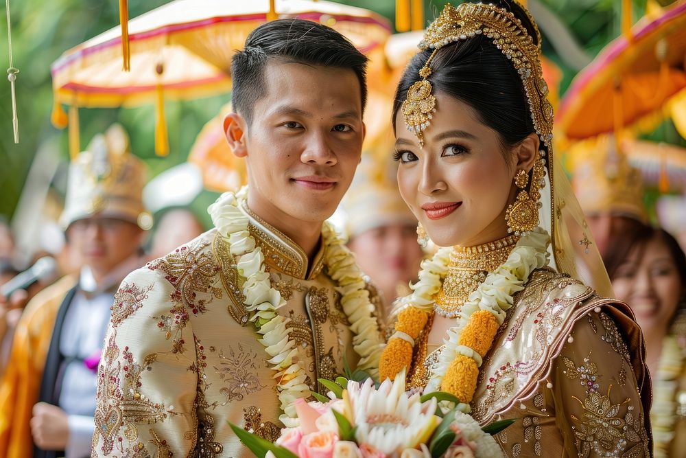 South East Asian couple wedding bridegroom clothing.