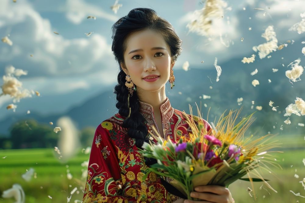 Thai Woman holding a bouquet of flowers person animal braid.