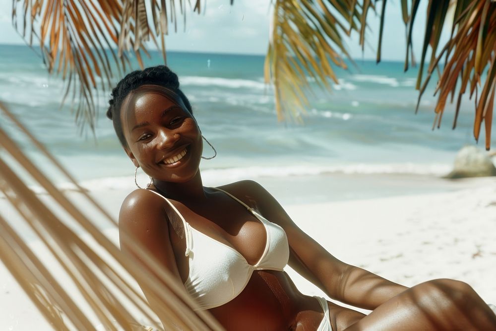 Traveler african woman vacation beach shoreline.