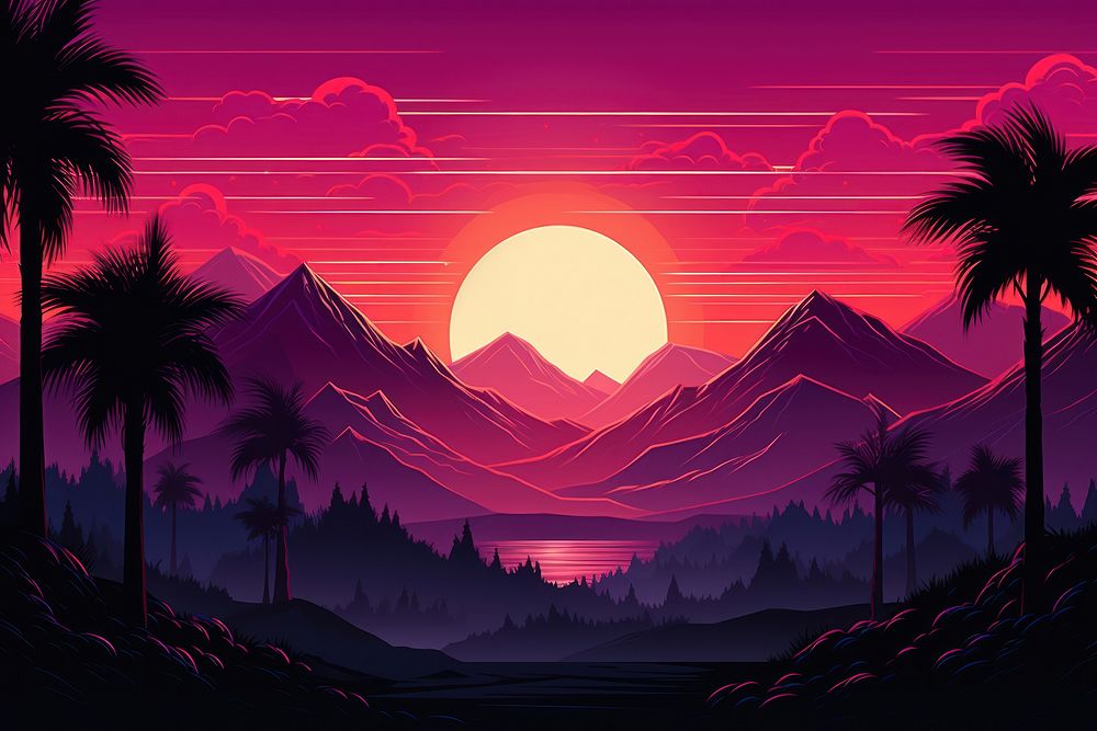 80s synthwave landscape tree sky art.