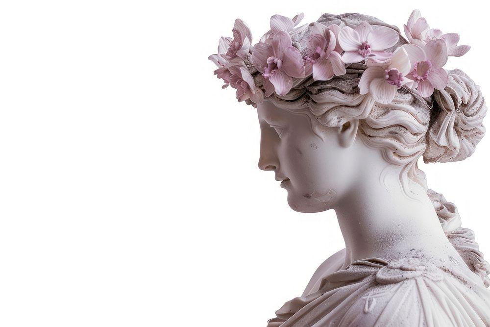 Greek sculpture wearing orchid crown statue woman clothing.