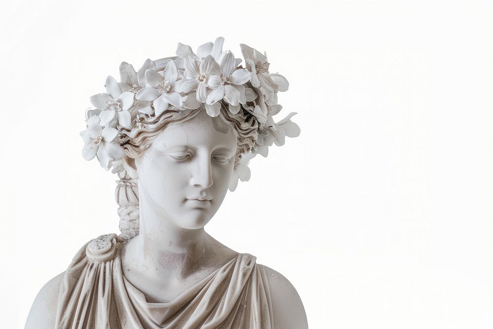 Greek sculpture wearing orchid crown statue photography accessories.
