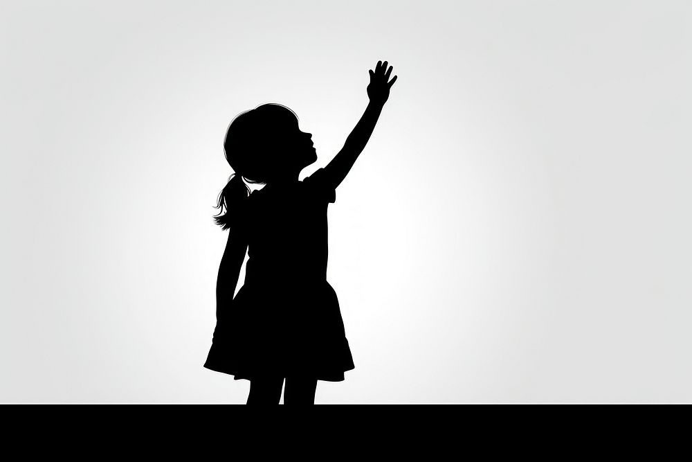 A child raising hand silhouette backlighting female.