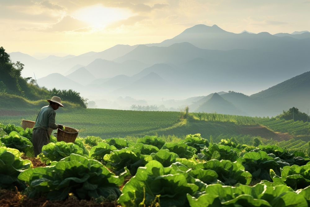 A distant view of a farmer harvesting vegetables agriculture countryside vegetation.