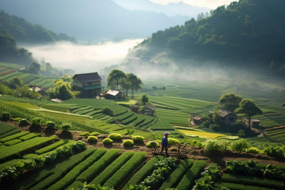 A distant view of a farmer harvesting vegetables architecture countryside outdoors.