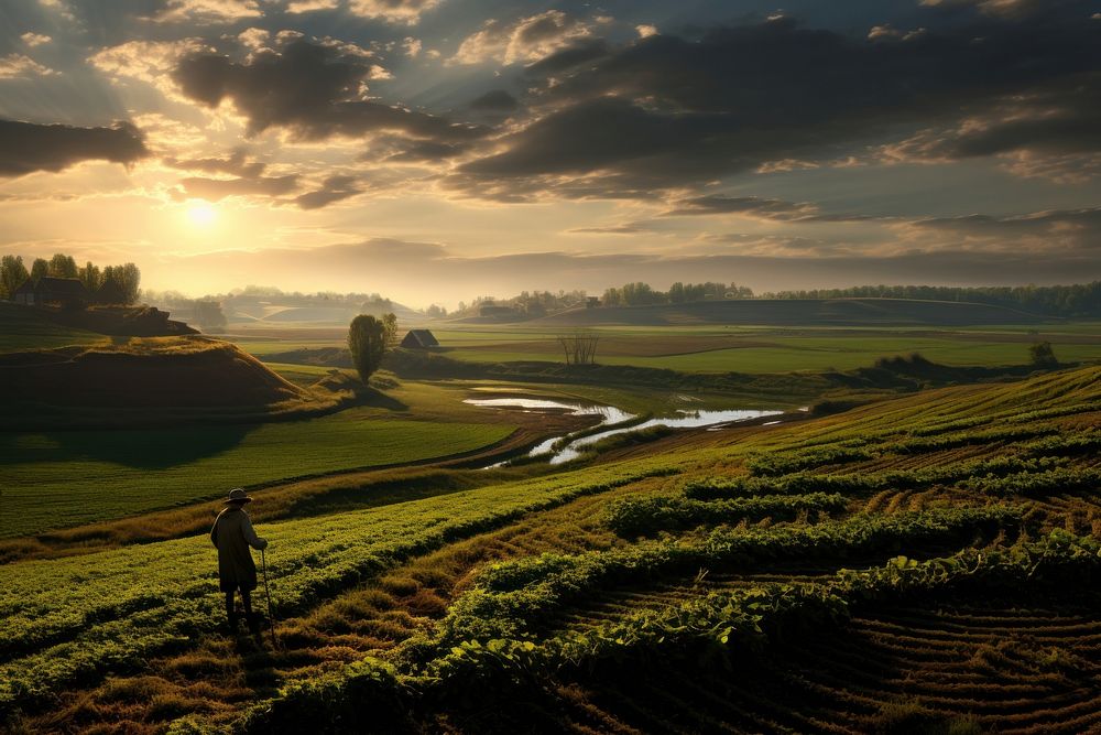 A distant view of a farmer harvesting vegetables countryside landscape outdoors.