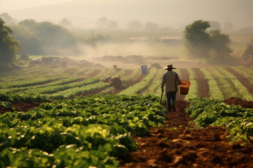 A distant view of a farmer harvesting vegetables agriculture countryside outdoors.