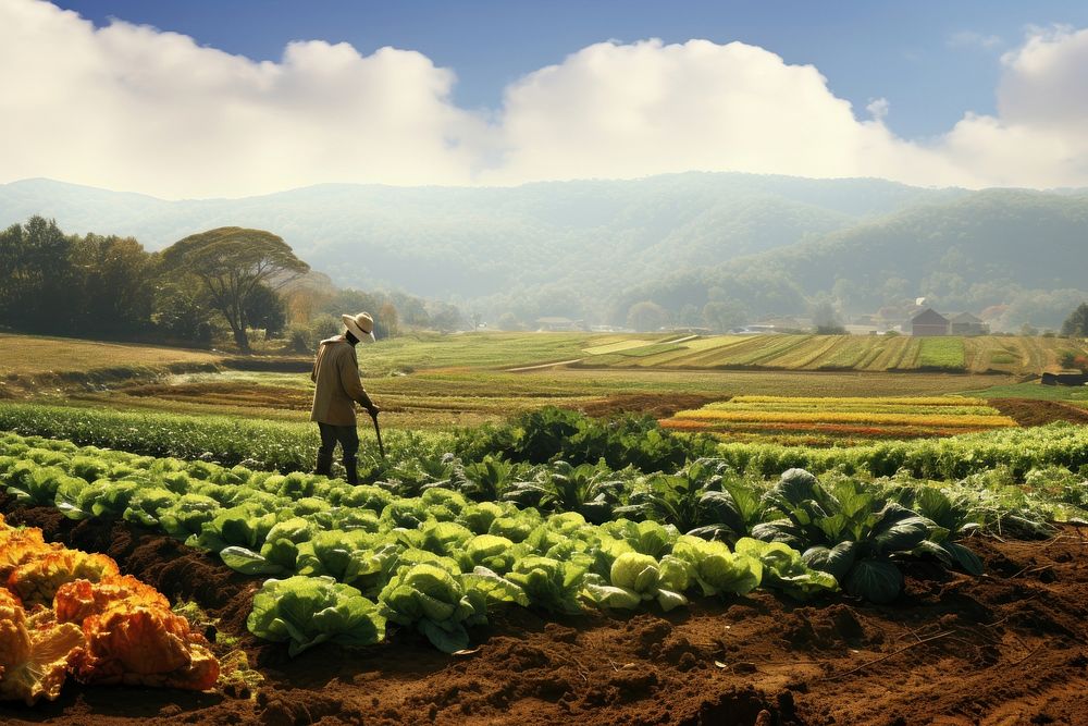 A distant view of a farmer harvesting vegetables photo agriculture countryside.
