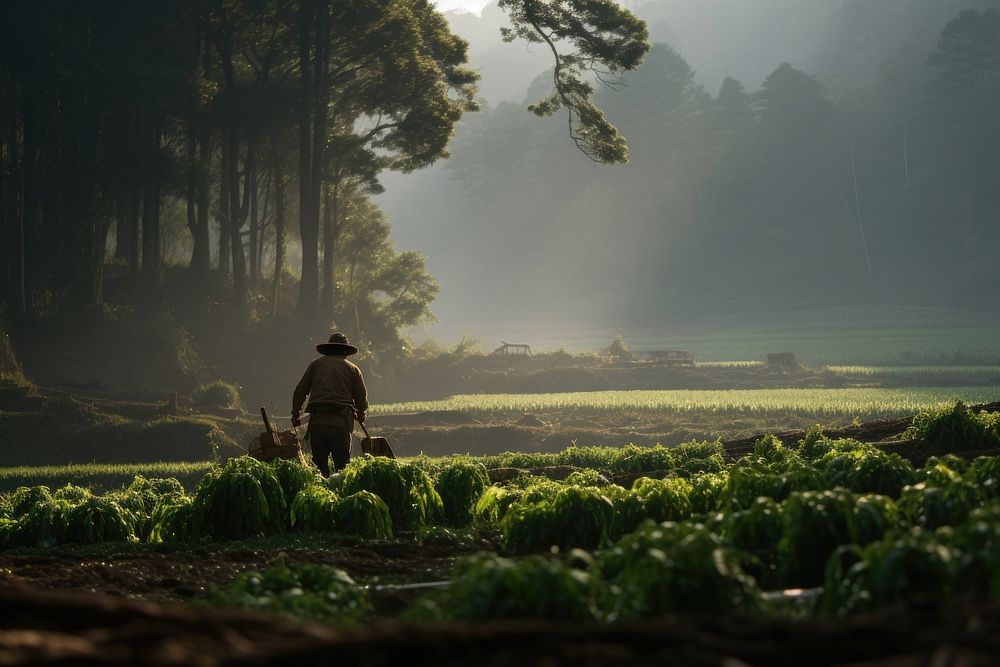 A distant view of a farmer harvesting vegetables agriculture countryside vegetation.