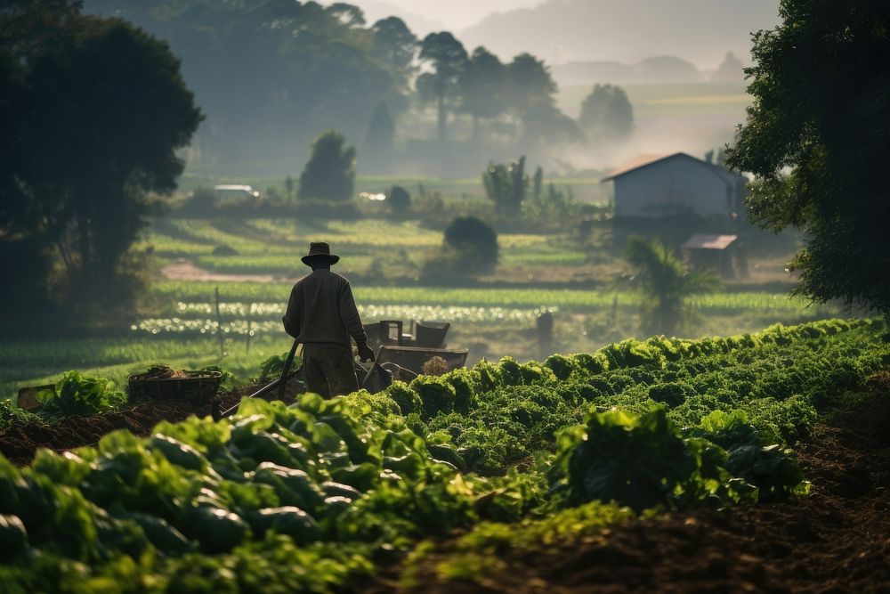 A distant view of a farmer harvesting vegetables agriculture countryside accessories.