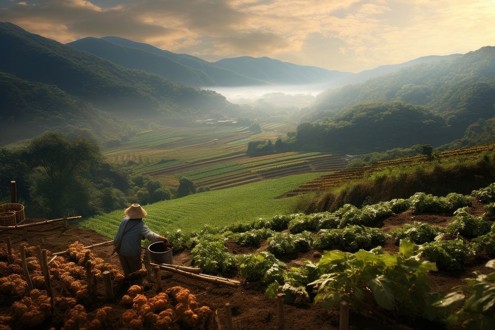 A distant view of a farmer harvesting vegetables photo agriculture countryside.