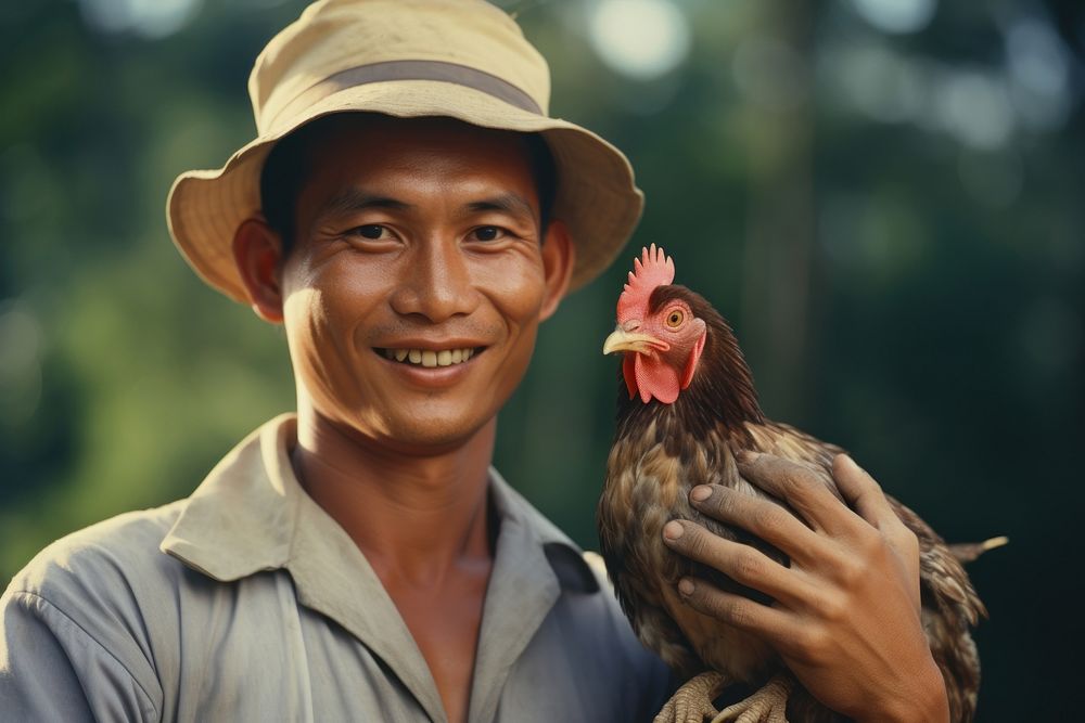 Farmer man holding chicken poultry rooster person.