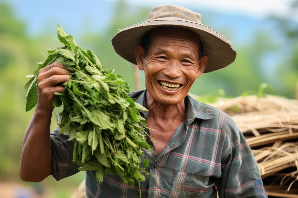 Thai farmer vegetable laughing produce.