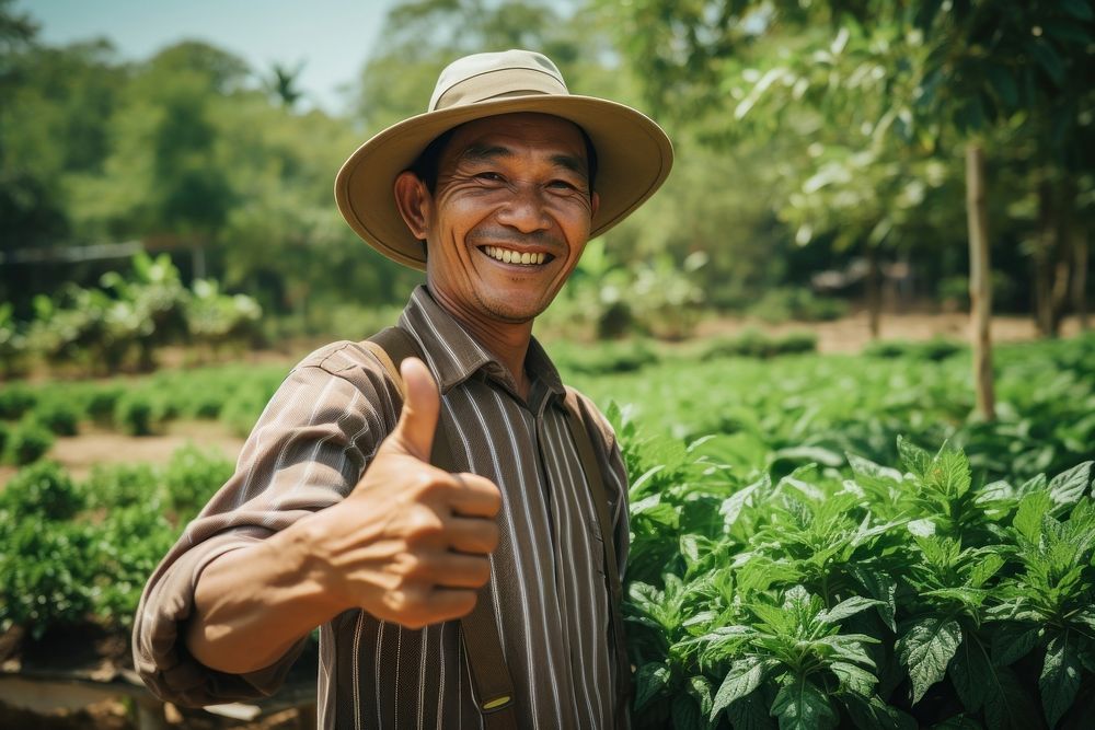 Thai farmer gardening outdoors laughing.