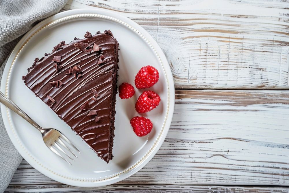 Chocolate cake plate cutlery dessert.