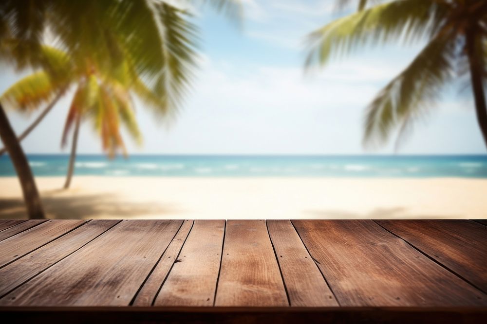 Wooden table tropical summer waterfront.
